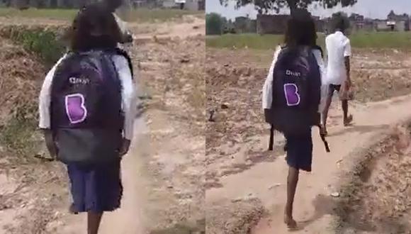 Video de niña decidida saltando a la escuela en una sola pierna se vuelve viral. (Captura: Tw @@NitishIndiatv)