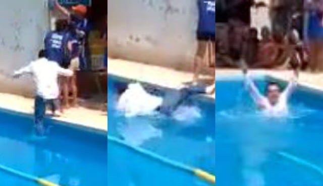 Candidato a la alcaldía de Comas se cae en una piscina en pleno acto de campaña