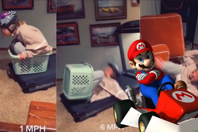 Esta fanática de Mario Kart recreó uno de los circuitos del popular videojuego en casa con la ayuda de un cesto de ropa y una caminadora. (Fotos: jesse_ring en TikTok)