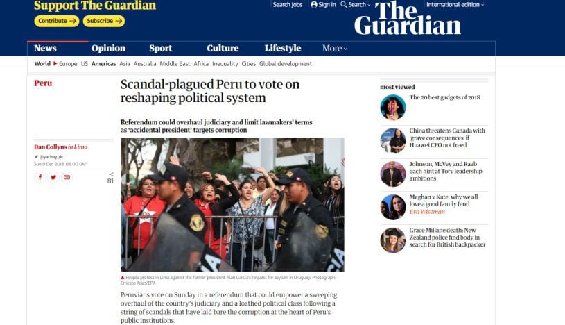 Así informó la prensa internacional el referéndum 2018 en el Perú. (Foto: The Guardian).&nbsp;