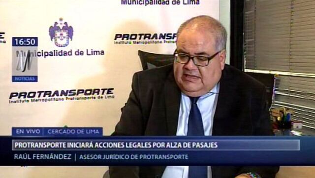 El asesor jurídico de Protransporte, Raúl Fernández, indicó una vez más que iniciará acciones legales por el alza de pasajes de S/2.50 a S/2.85. (Video: Canal N)