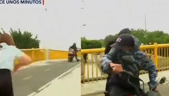 Dos delincuentes en moto fueron captados en vivo cuando quisieron asaltar a una reportera. (Foto: Twitter)