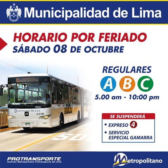 Este 8 de octubre los servicios regulares A, B y C funcionarán desde las 5 de la mañana hasta las 10 de la noche.
