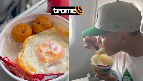 Instagram: joven lleva arroz con huevo en envase de lavavajillas y se lo come en avión (Fotos: IG)
