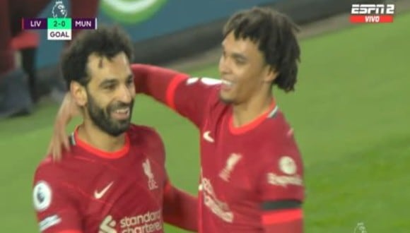 Mohamed Salah anotó el 2-0 a favor de Liverpool sobre Manchester United. Foto: Captura de pantalla de ESPN 2.