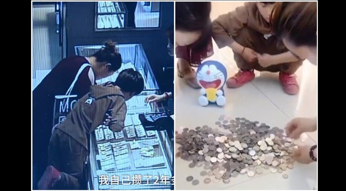 Niño compra anillo a su mamá pagando con cientos de monedas tras romper sus dos alcancías