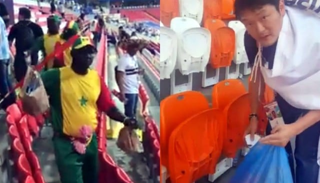 Hinchas de Senegal y Japón celebran sus triunfos en Rusia 2018 limpiando los estadios