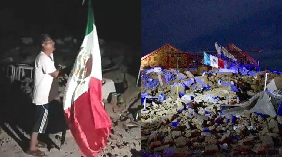 Hombre rescató bandera entre escombros del palacio municipal de Juchitán