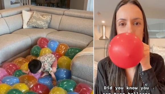 En esta imagen se aprecia a la madre revelando su truco para convertir unos globos en una cama inflable. (Foto: @handsonfamily / TikTok)