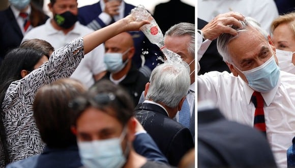 El mandatario de 72 años, Sebastián Piñera, intentó detener a la mujer, pero el agua ya había empapado su cabeza y su traje. (Foto: Dragomir Yankovic / ATON CHILE / AFP)