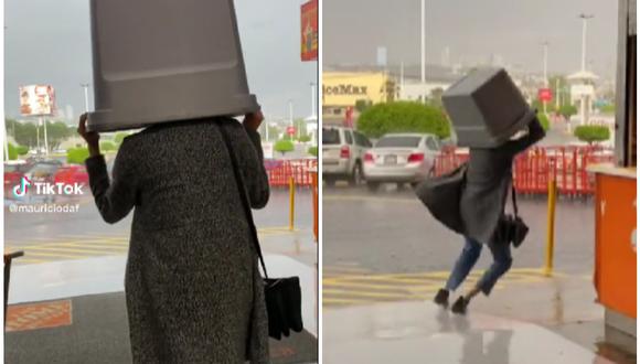 Mujer se cae al piso después de querer evitar la lluvia. (Foto: @mauriciodaf / TikTok)