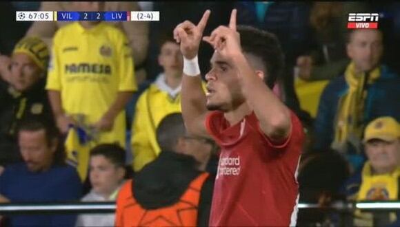 Luis Díaz anotó el 2-2 de Liverpool vs. Villarreal por Champions League. (Foto: Captura de pantalla - ESPN)