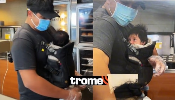 En esta imagen se aprecia al empleado de un restaurante de comida rápida cargando a un bebé mientras trabaja. (Foto: @lesliemunnoz / TikTok)