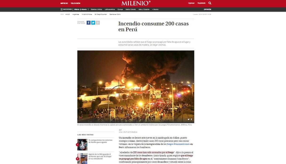Así informó el mundo el incendio que afectó 200 casas en el Callao. (Foto: El Milenio - México)