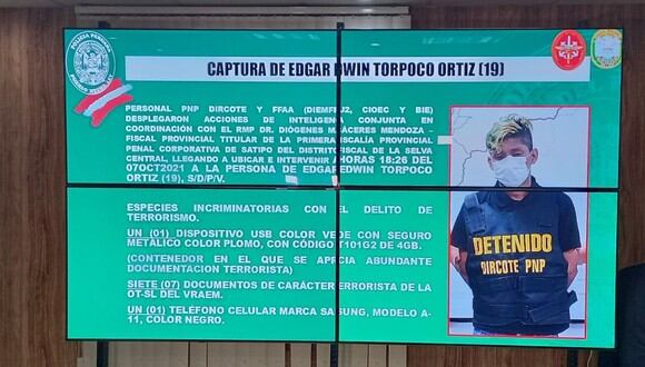 La Policía capturó en Junín a un integrante de Sendero Luminoso, identificado como Edgar Edwin Torpoco Ortiz (19), en cuyo poder se le encontró un plan para ejecutar un aniquilamiento selectivo de diversas personas, entre ellos periodistas.  (Foto: Ministerio del Interior)