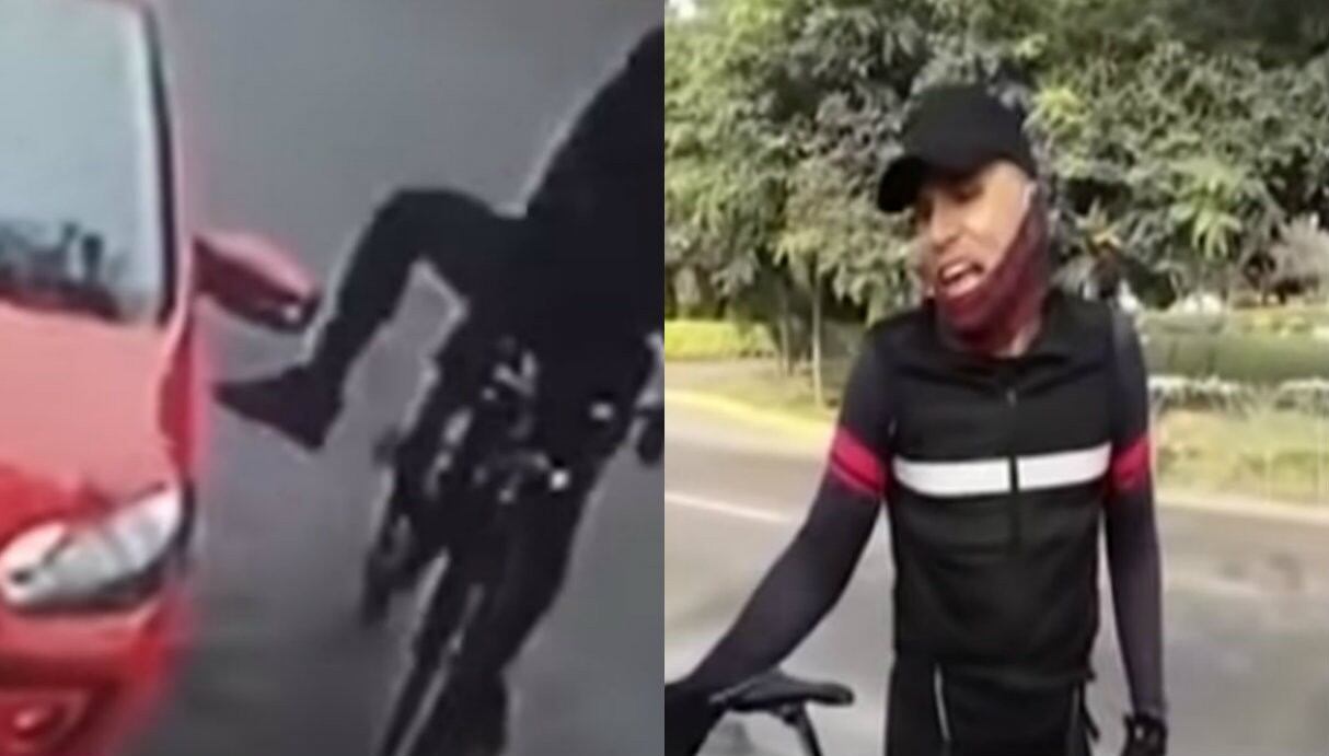 Violento ciclista insulta, escupe y destroza el espejo retrovisor de conductora en Surco. Foto: Captura de pantalla de Buenos Días Perú