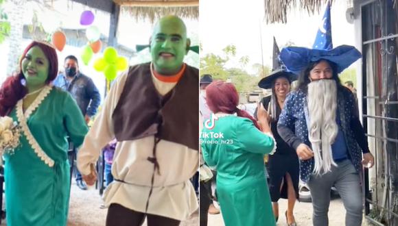 Pareja mexicano se disfrazó como Shrek y Fiona para su fiesta de boda. (Imagen: @rocio_hr23 / TikTok)