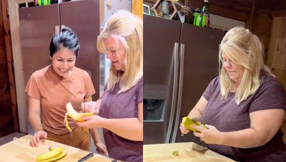Mujer estadounidense se vuelve viral por no saber pelar un plátano. (Foto: TikTok/@loshenkis)