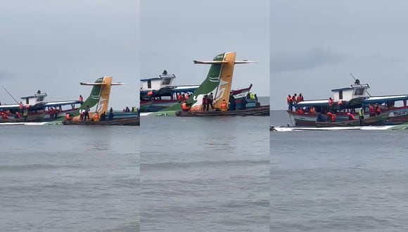 Vídeos difundidos en las redes sociales muestran el avión casi completamente hundido y rodeado de lanchas motoras que realizan el rescate. (Foto: Captura de video)