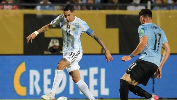 Ángel Di María marcó el 1-0 del Argentina vs. Uruguay con soberbio remate de zurda. Foto: AFP.