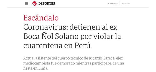 La reacción de la prensa internacional tras lo sucedido con Nolberto Solano. (Captura)
