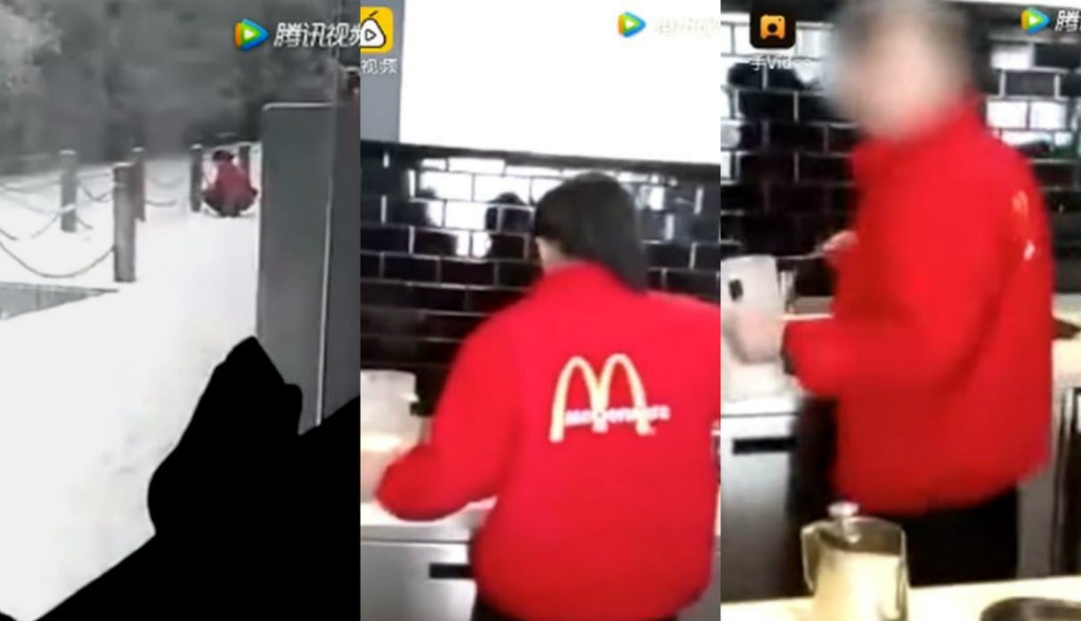 Trabajadora de McDonald's sirve hielo del suelo en las bebidas.