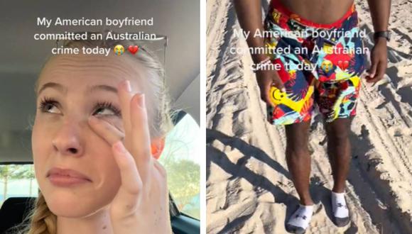 La joven subió un video aparentemente llorando porque su pareja usó medias en un día de playa. | Foto: @arte.blythe