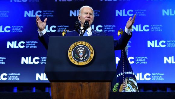 El presidente de los Estados Unidos, Joe Biden, habla en la Conferencia de la Ciudad del Congreso de la Liga Nacional de Ciudades en el Marriott Marquis en Washington, DC, el 14 de marzo de 2022. (Foto de Nicholas Kamm / AFP)