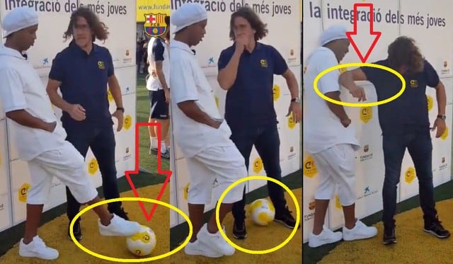 Ronaldinho troleó a Puyol con esta huacha en plena ceremonia y recibe codazo de respuesta VIDEO