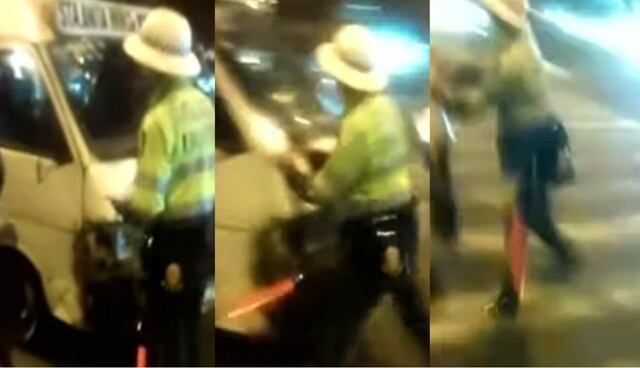 Combi embiste a policía pero efectivo reacciona rápido, sube al vehículo y reduce al chofer. Foto: Captura de América Noticias