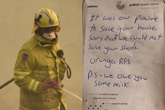 "Fue un placer": la emotiva nota dejada por bomberos australianos al dueño de una casa que salvaron de los incendios forestales. (Foto: AFP | Facebook)