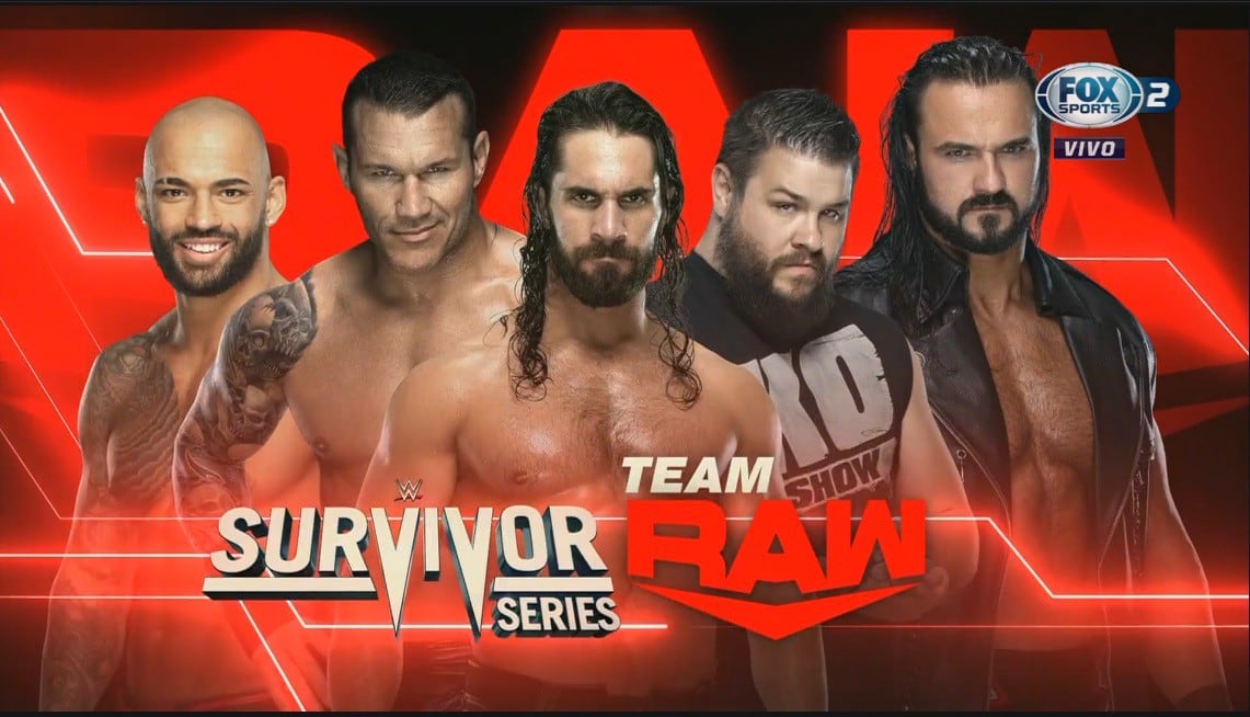 Seth Rollins, Randy Orton, Ricochet, Kevin Owens y Drew McIntyre conforman el equipo de RAW. (Captura FOX Sports)