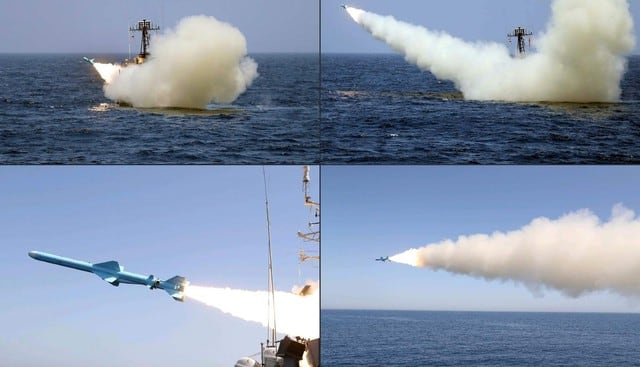 Fotografías muestran un misil disparado desde un buque de guerra iraní durante un ejercicio militar en el Golfo de Omán. (AFP /HO/Iranian Army office).