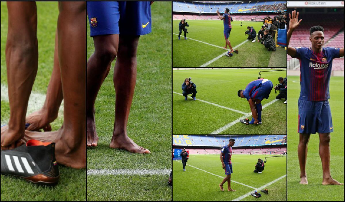 Yerry Mina en Barcelona: Pisó descalzo el césped del Camp Nou y su ritual tuvo esta conmovedora explicación
