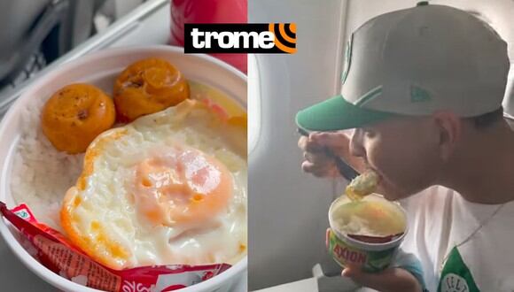 Instagram: joven lleva arroz con huevo en envase de lavavajillas y se lo come en avión (Fotos: IG)