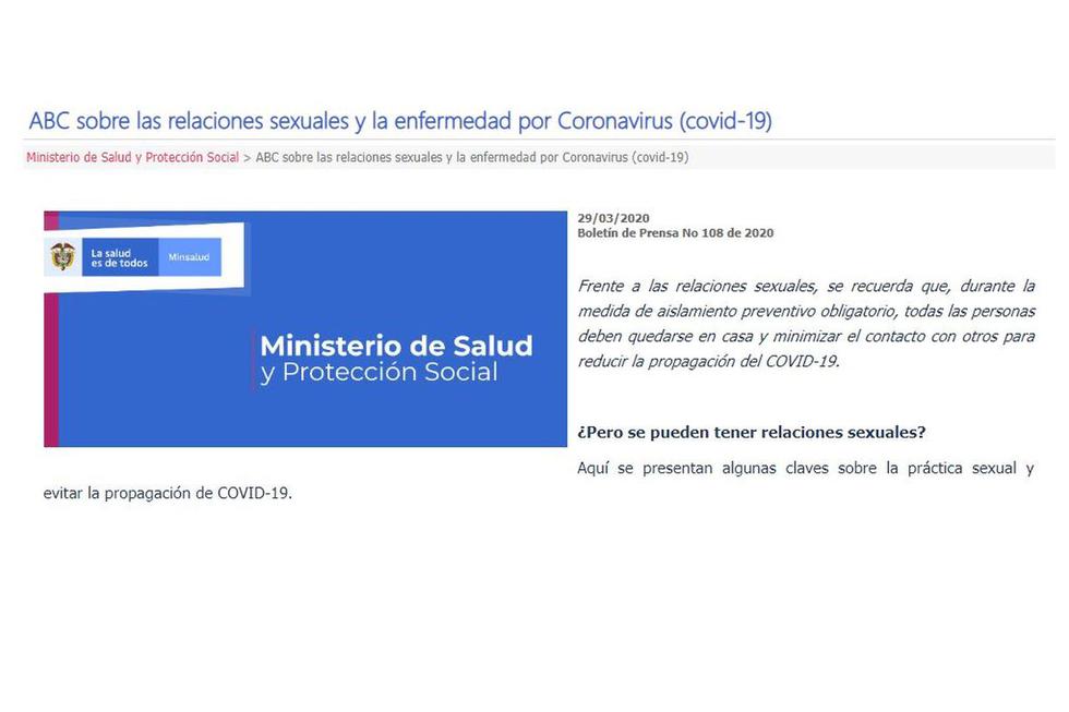 Gobierno de Colombia lanzó guía de sexualidad "ABC sobre las relaciones sexuales y la enfermedad por Coronavirus (covid-19)"