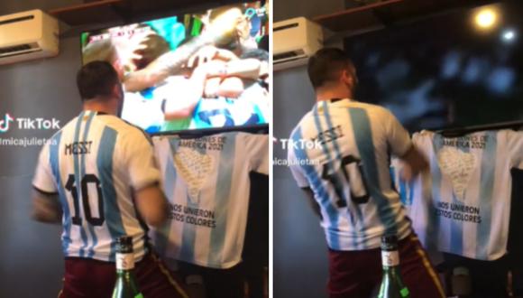 El aficionado de Argentina no pudo contener su efusividad y terminó golpeando su televisor. (Foto: @micajulietaa)