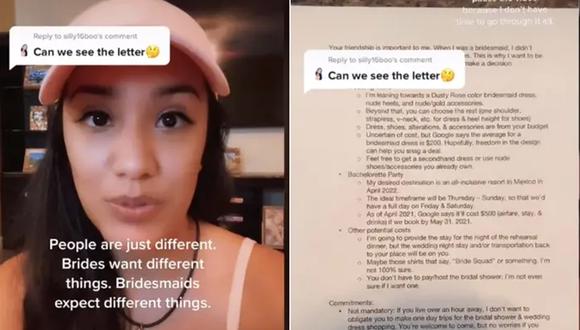 Esta novia envió una honesta carta a sus damas de honor y se hizo viral en las redes sociales (Foto: TikTok)