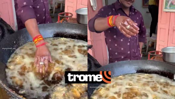 Un vendedor ambulante de comida sorprendió a propios y extraños al sumergir su mano en aceite hirviendo sin que le pasara algo. | Crédito: @bombayfoodie_tales / Instagram