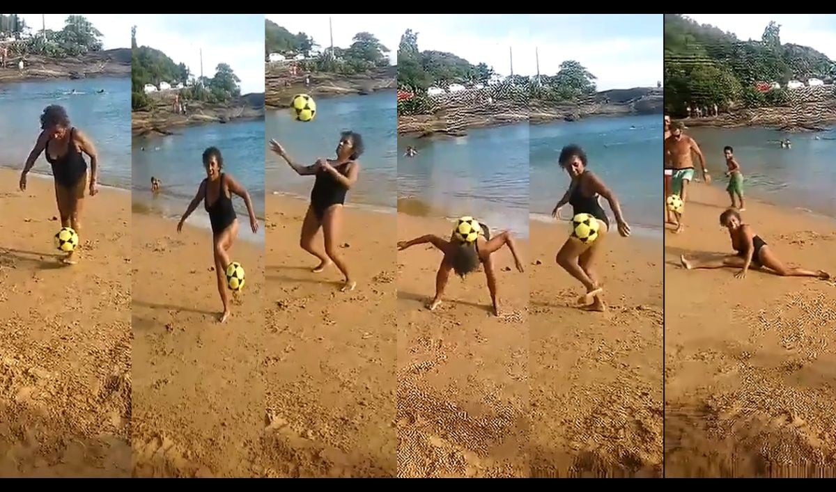 YouTube viral: Abuelita la rompe dominando el balón en la playa y en ropa de baño ¡Increíble! [FOTOS VIDEO]