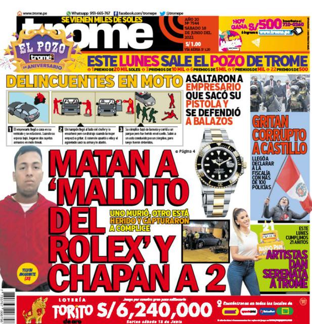 Portada Trome | MATAN A ‘MALDITO DEL ROLEX’ Y CHAPAN A 2