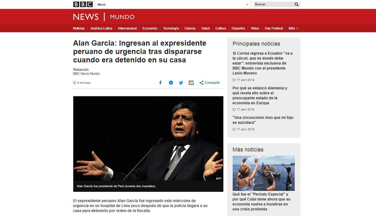 Alan García fue internado de urgencia tras detención. (Foto: BBC)