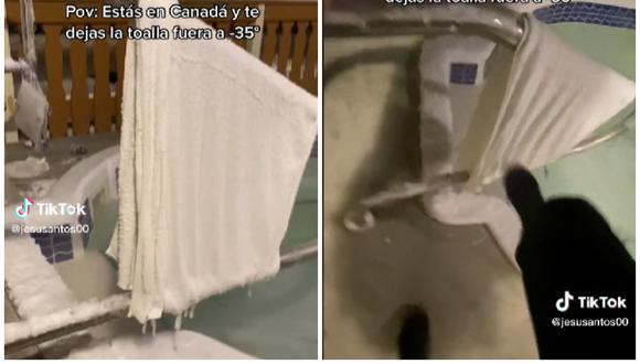 La toalla de un joven se quedó congelada en la baranda de una piscina. (Foto: @jesusantos00 / TikTok)