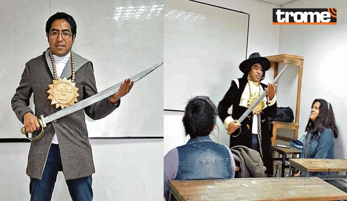 Profesor representa a personajes de la historia para sus alumnos. (Fotos: Trome)