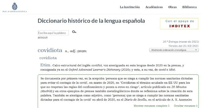 Nuevas palabras como covidiota han sido incorporadas en el Diccionario histórico de la lengua española. (RAE)