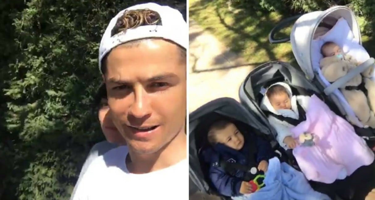 Cristiano Ronaldo junto a su novia, Goergina Rodríguez, empujó sus tres cochecitos por la calle