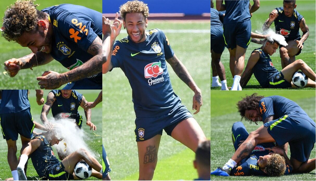 Neymar festejó el cumpleaños de Coutinho y Fanger en entrenamiento matutino en Rusia.