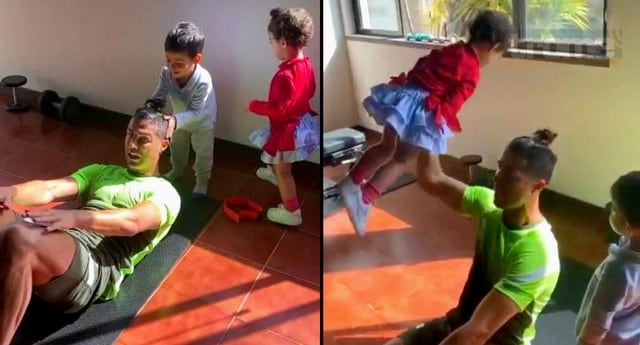 Cristiano Ronaldo usó a sus hijos como pesas durante su entrenamiento