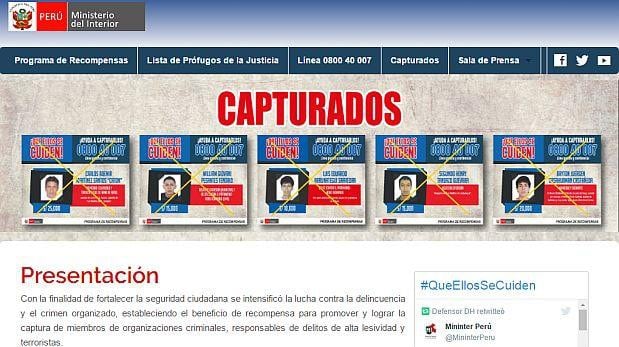 En la página web está el listado de prófugos, capturados y el número para brindar información sobre los delincuentes