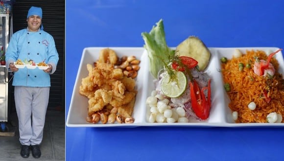 Su trío marino trae una porción de cebiche, arroz con mariscos y chicharrón de pescado. | Fotos: Violeta Ayasta / Trome.